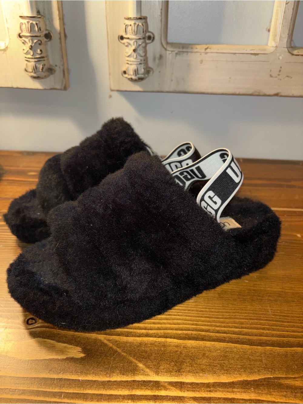 UGG Black Plush Slide Sandals with Logo Strap